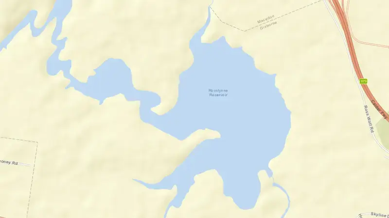 Road map of Rosslynne Reservoir reservoir, Victoria, Australia