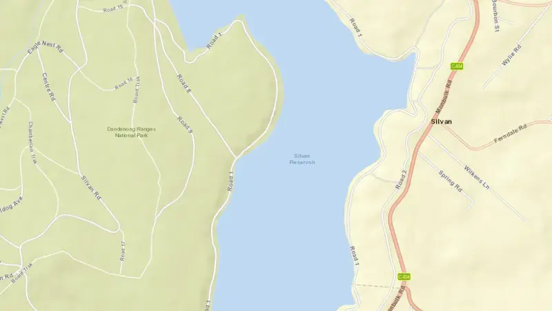 Road map of Silvan reservoir, Victoria, Australia