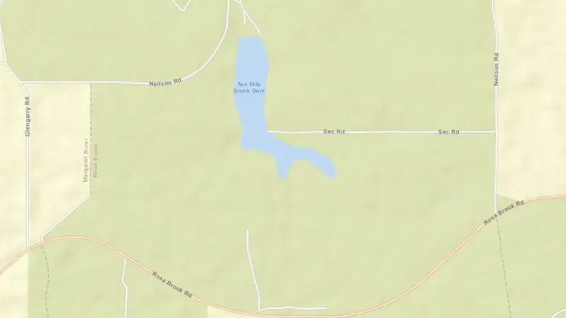 Road map of Ten Mile Brook reservoir, Western Australia, Australia