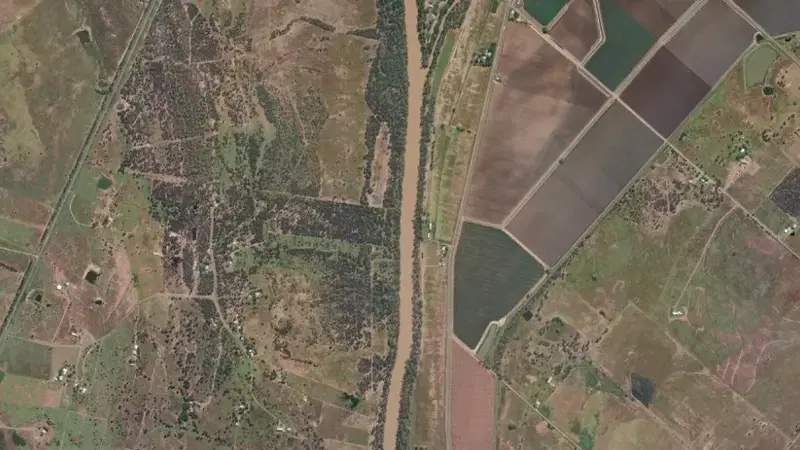 Satellite view of Theodore Weir reservoir, Queensland, Australia