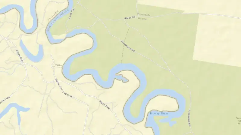 Road map of Torrumbarry Weir reservoir, New South Wales and Victoria, Australia