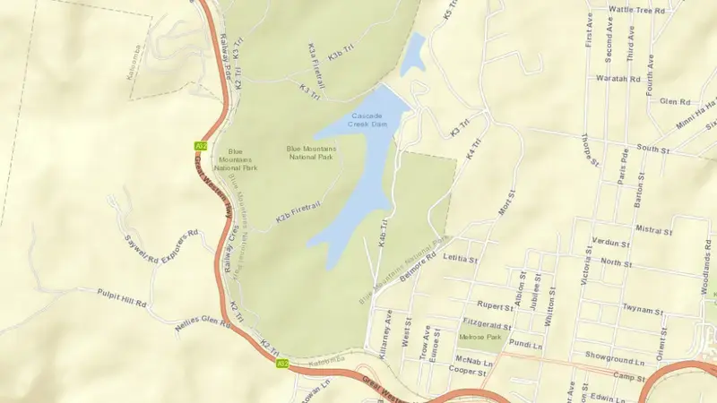 Road map of Upper Cascade reservoir, New South Wales, Australia