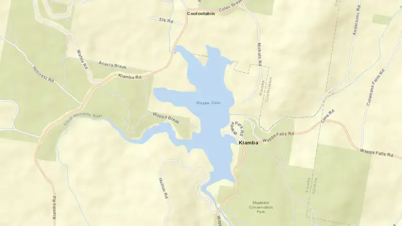 Road map of Wappa reservoir, Queensland, Australia