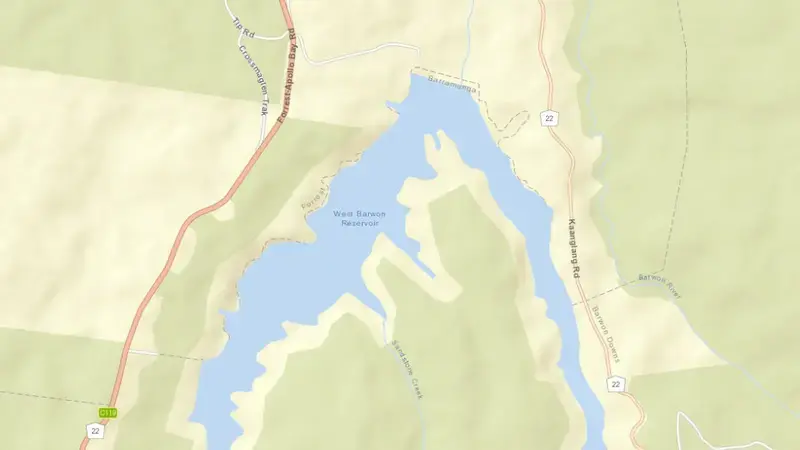 Road map of West Barwon Reservoir reservoir, Victoria, Australia