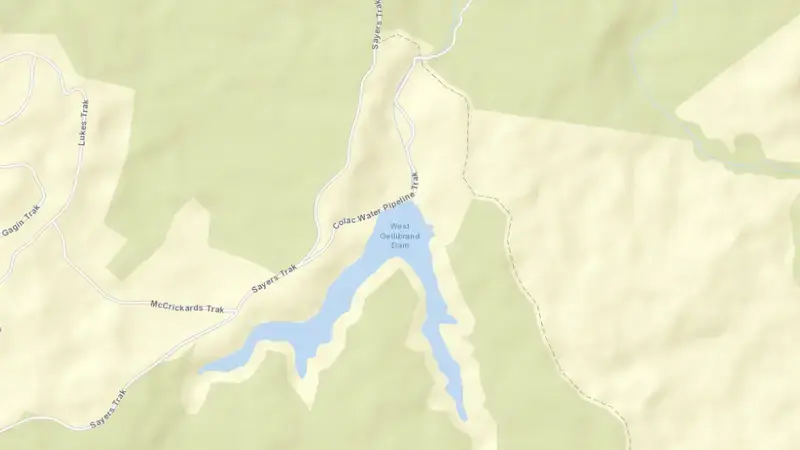 Road map of West Gellibrand Reservoir reservoir, Victoria, Australia