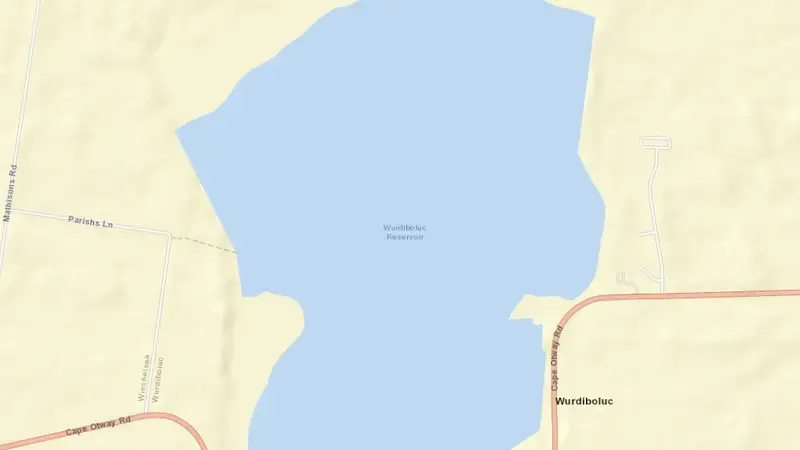 Road map of Wurdee Boluc Reservoir reservoir, Victoria, Australia