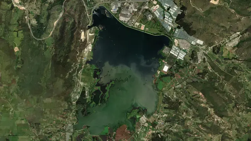 Satellite view of Muña reservoir, Cundinamarca, Colombia