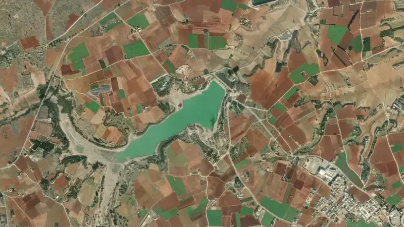 Satellite view of Achna reservoir, Famagusta, Cyprus