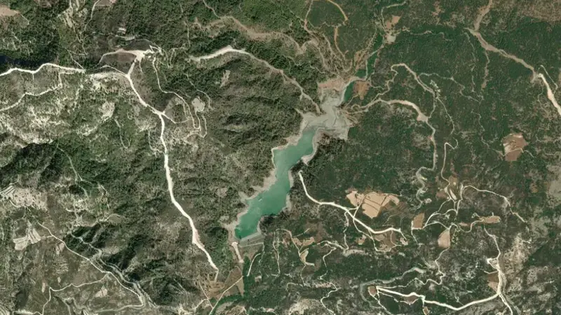 Satellite view of Arminou reservoir, Paphos, Cyprus