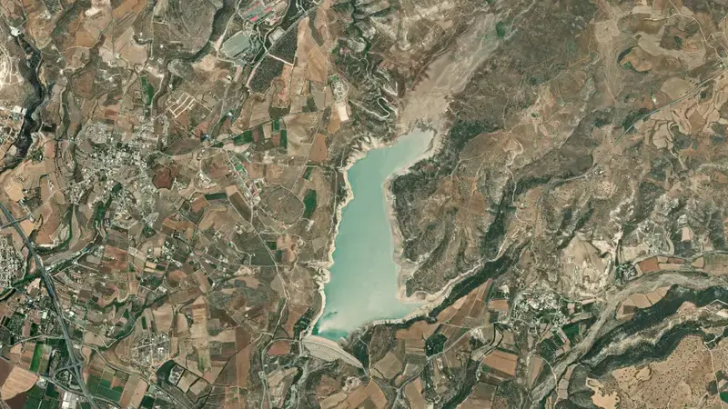 Satellite view of Asprokremmos reservoir, Paphos, Cyprus