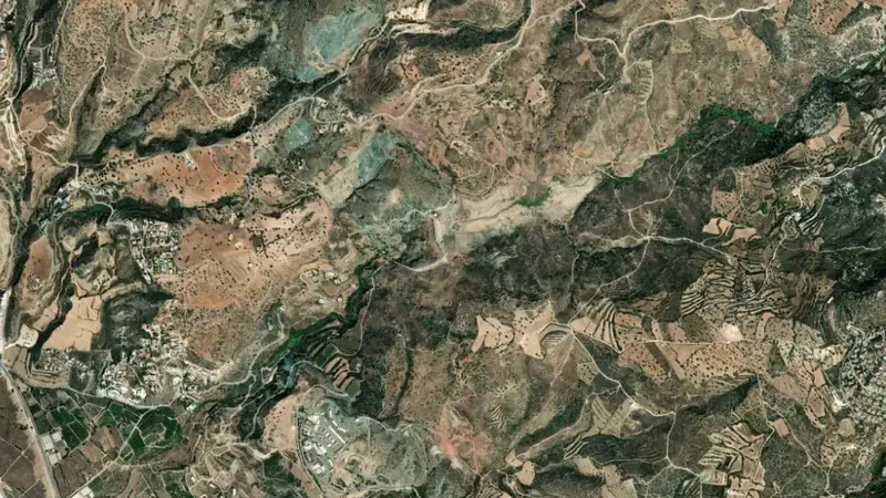 Satellite view of Mavrokolympos reservoir, Paphos, Cyprus