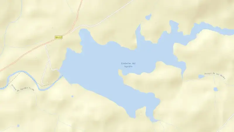 Road map of El Aguijón reservoir, Badajoz, Extremadura, Spain