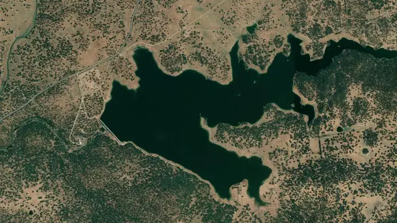 Satellite view of El Aguijón reservoir, Badajoz, Extremadura, Spain