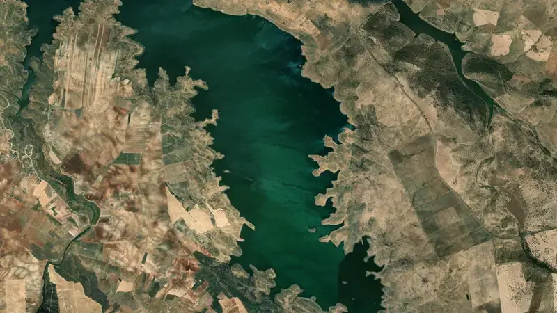 Satellite view of Alange reservoir, Badajoz, Extremadura, Spain