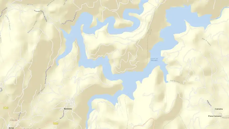 Road map of Albarellos reservoir, Ourense, Galicia, Spain