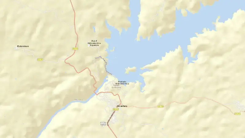 Road map of Alcántara reservoir, Cáceres, Extremadura, Spain