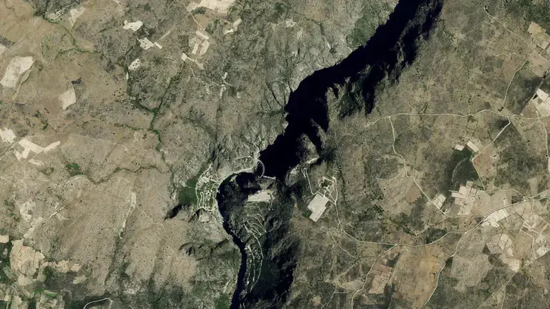 Satellite view of Aldeadávila reservoir, Salamanca, Castile and León, Spain
