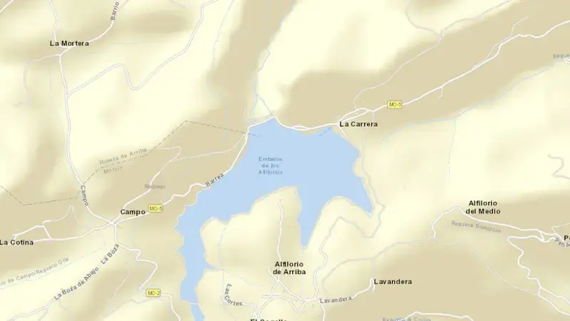 Road map of Alfilorios reservoir, Asturias, Spain