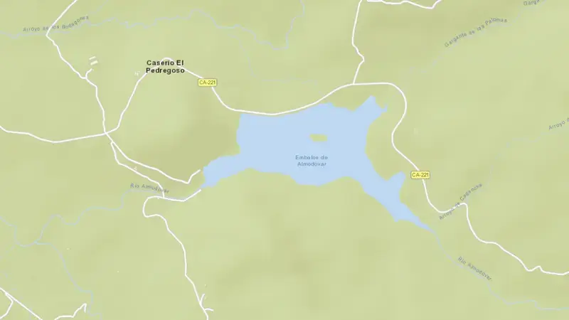 Road map of Almodóvar reservoir, Cádiz, Andalusia, Spain