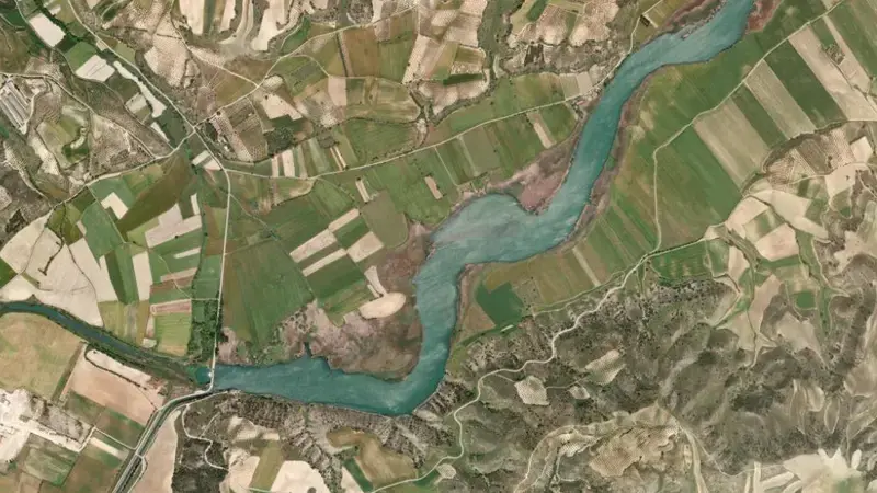 Satellite view of Almoguera reservoir, Guadalajara, Castile-La Mancha, Spain