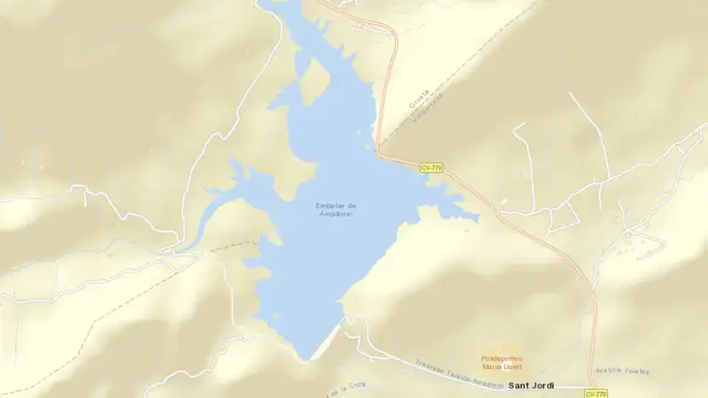 Road map of Amadorio reservoir, Alacant / Alicante, Valencian Community, Spain