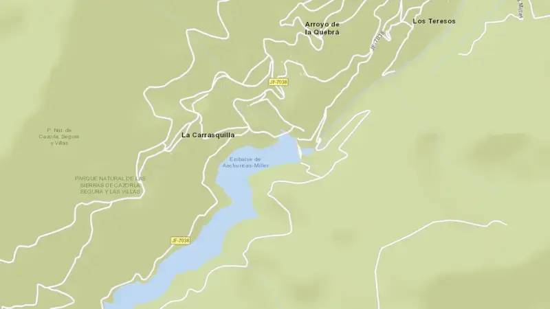 Road map of Anchuricas reservoir, Jaén, Andalusia, Spain
