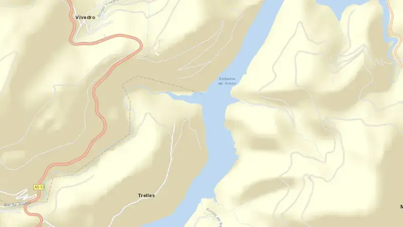 Road map of Arbón reservoir, Asturias, Spain