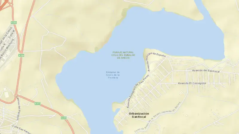 Road map of Arcos de la Frontera reservoir, Guadalete-Barbate, Spain