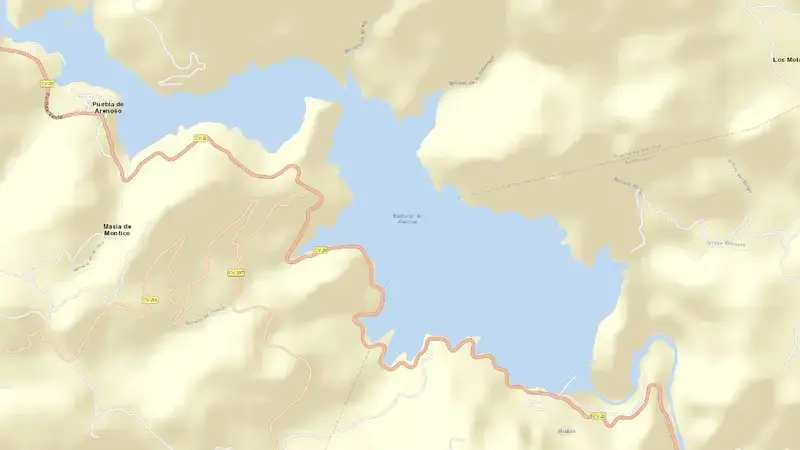 Road map of Arenos reservoir, Castelló / Castellón, Valencian Community, Spain