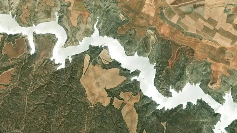 Satellite view of Arquillo de San Blas reservoir, Teruel, Aragon, Spain