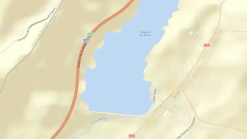 Road map of Baños reservoir, Cáceres, Extremadura, Spain