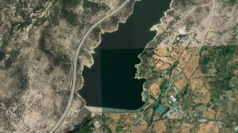 Satellite view of Baños reservoir, Cáceres, Extremadura, Spain