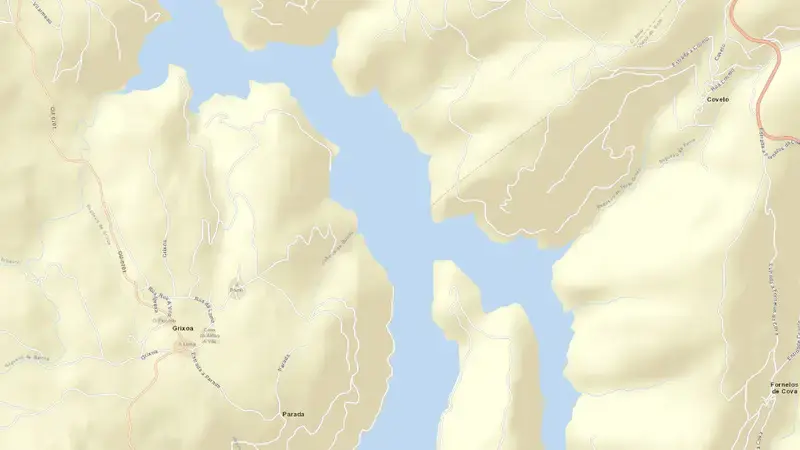 Road map of Bao reservoir, Ourense, Galicia, Spain
