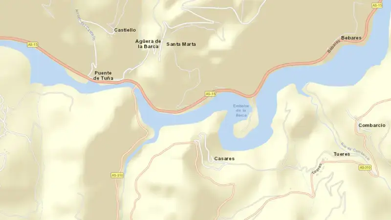 Road map of La barca reservoir, Asturias, Spain
