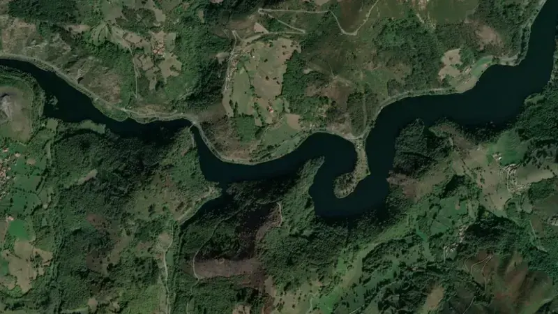 Satellite view of La barca reservoir, Asturias, Spain