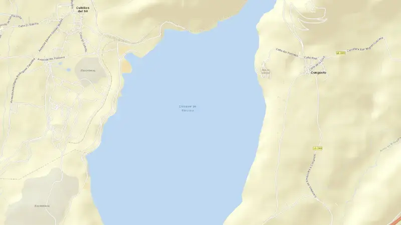 Road map of Bárcena reservoir, León, Castile and León, Spain