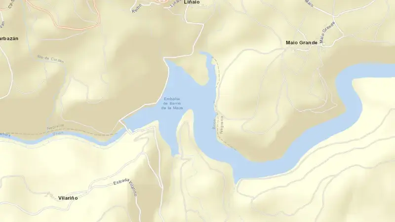 Road map of Barrié de la Maza reservoir, A Barcala, Galicia, Spain