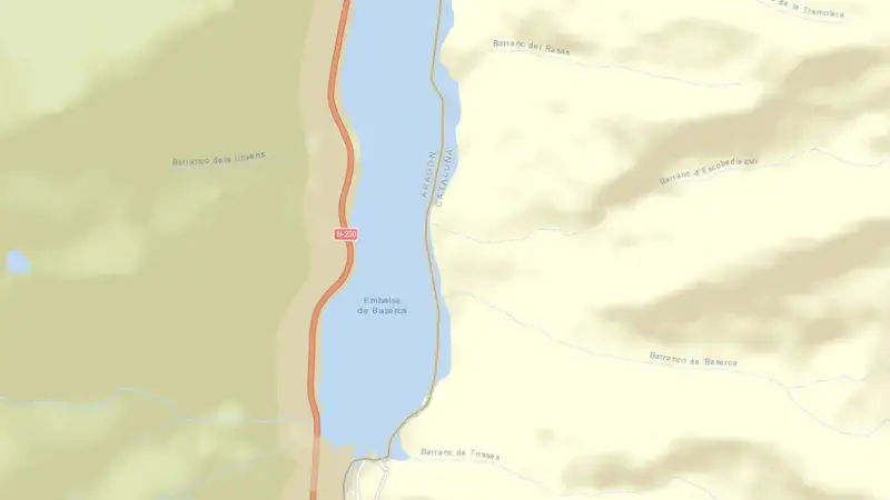 Road map of Baserca reservoir, Huesca, Aragon, Spain