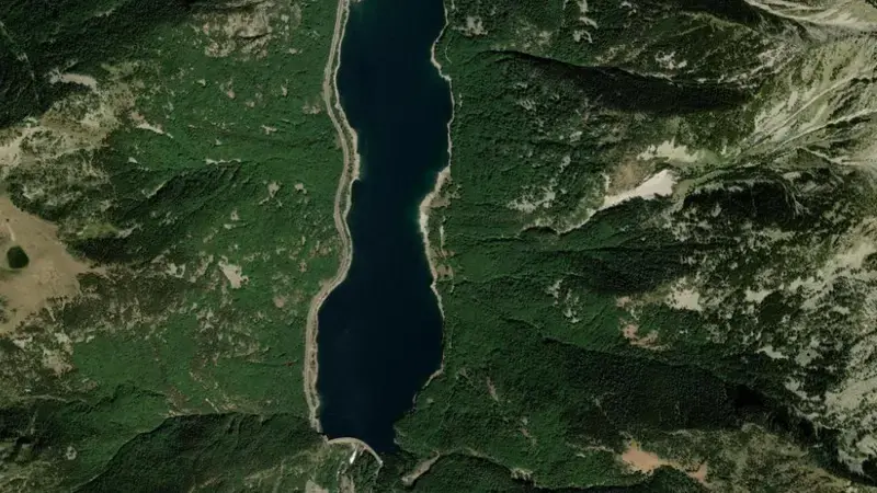 Satellite view of Baserca reservoir, Huesca, Aragon, Spain