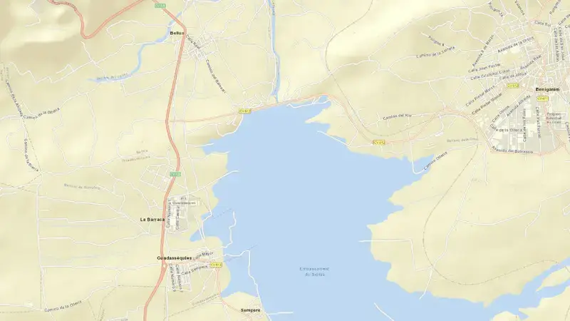Road map of Bellús reservoir, Valencia, Valencian Community, Spain