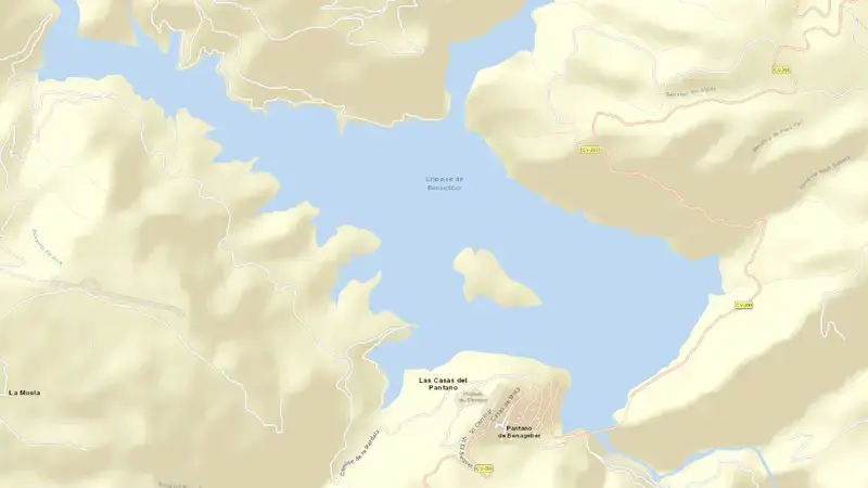 Road map of Benagéber reservoir, Valencia, Valencian Community, Spain