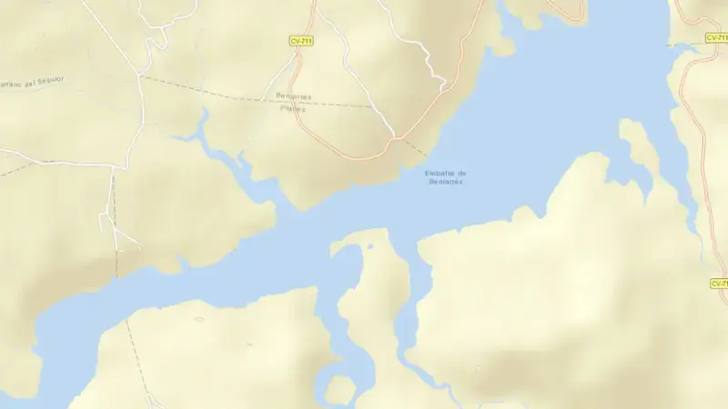 Road map of Beniarrés reservoir, Alacant / Alicante, Valencian Community, Spain