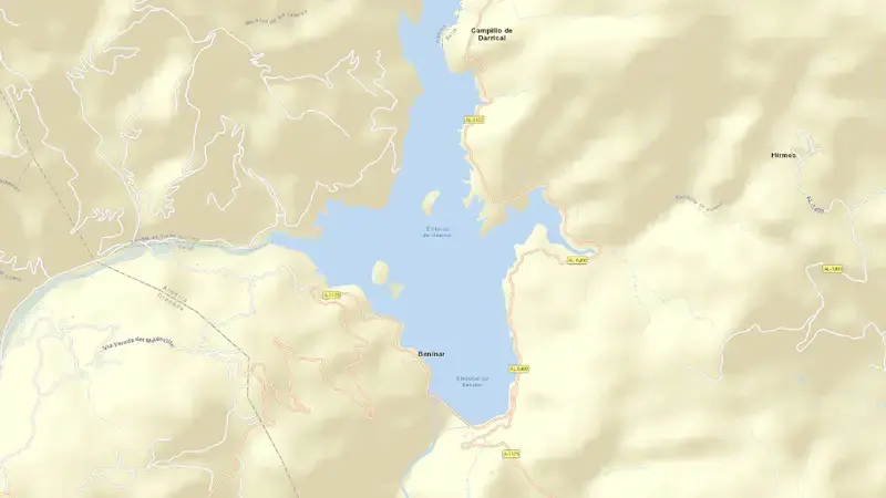 Road map of Benínar reservoir, Almeria, Andalusia, Spain