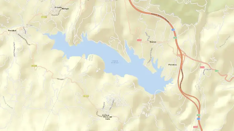 Road map of Béznar reservoir, Granada, Andalusia, Spain