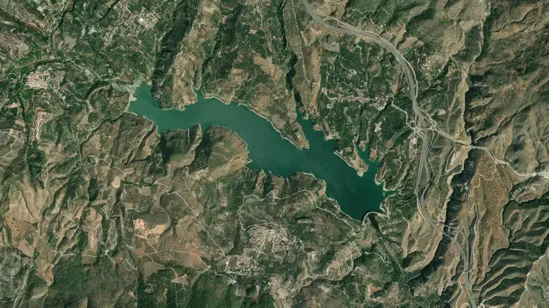 Satellite view of Béznar reservoir, Granada, Andalusia, Spain