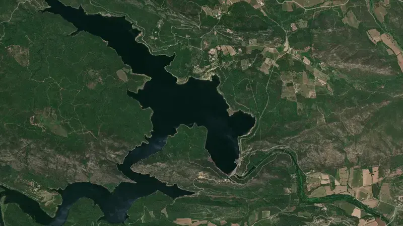 Satellite view of Boadella reservoir, Girona, Catalonia, Spain
