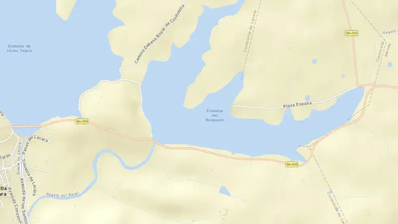 Road map of Boquerón reservoir, Badajoz, Extremadura, Spain