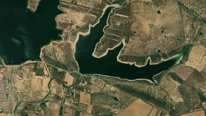 Satellite view of Boquerón reservoir, Badajoz, Extremadura, Spain