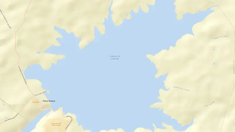 Road map of Borbollón reservoir, Cáceres, Extremadura, Spain
