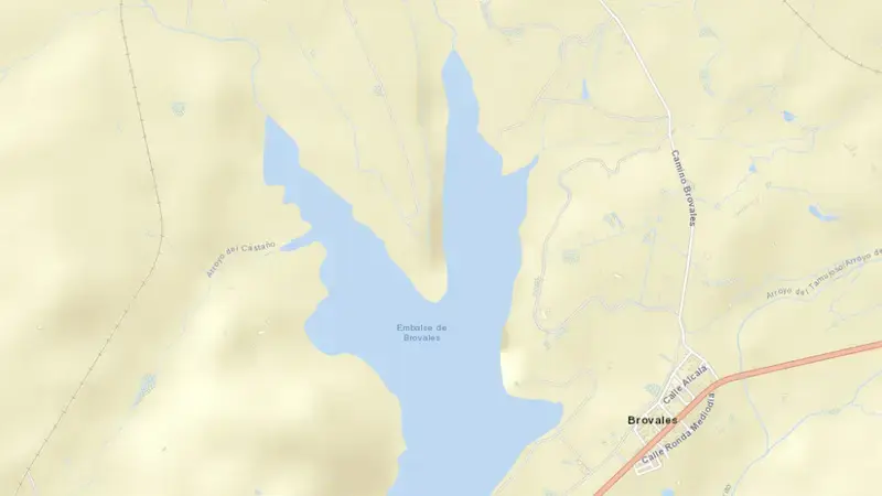 Road map of Brovales reservoir, Badajoz, Extremadura, Spain